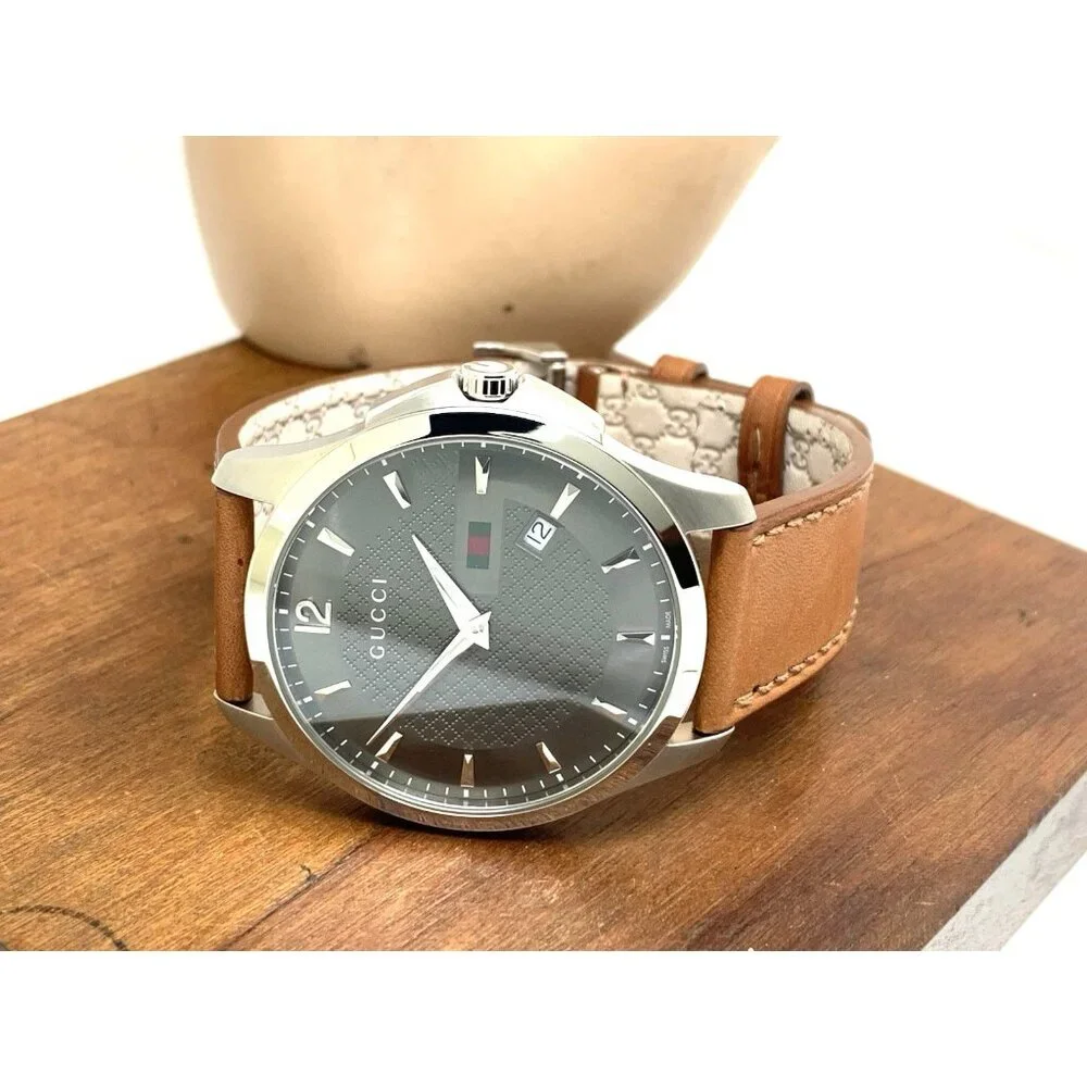 Gucci Men's Watch YA126302 G-Timeless Swiss Quartz Gray Dial Brown Leather 40mm
